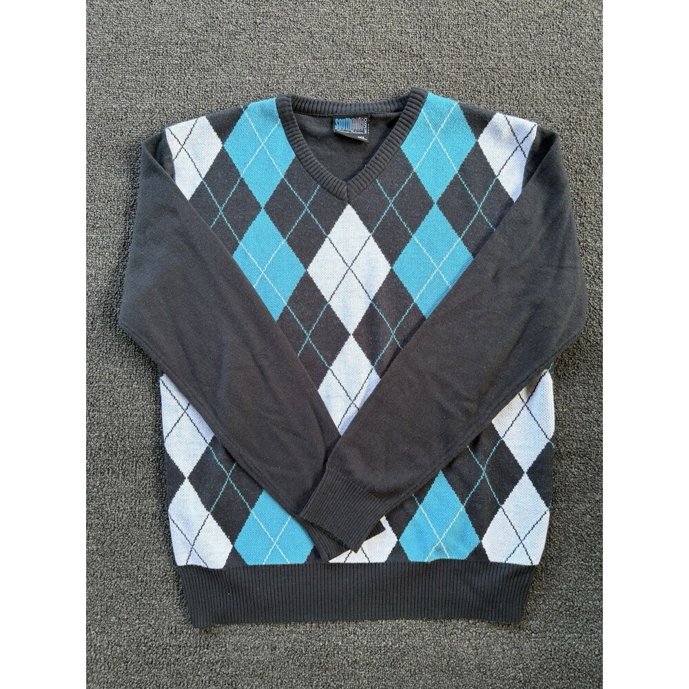 Southpole Authentic Collection Argyle V-Neck Sweater Men’s XL Black Teal Y2K‎